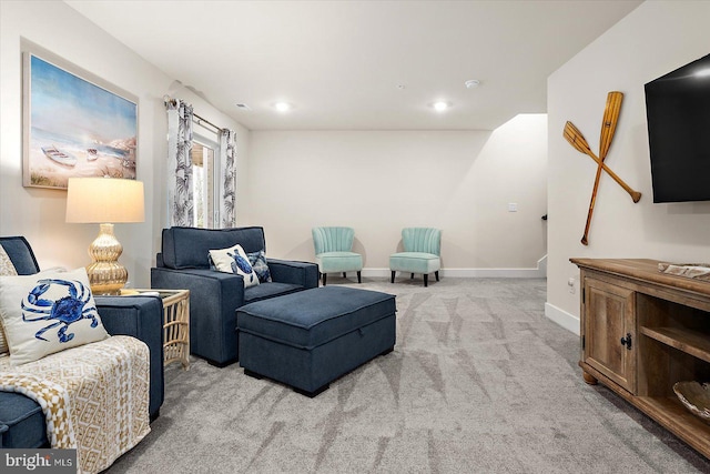 living room featuring light colored carpet