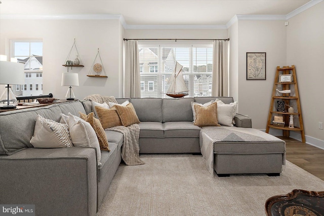 living room with light hardwood / wood-style flooring and ornamental molding