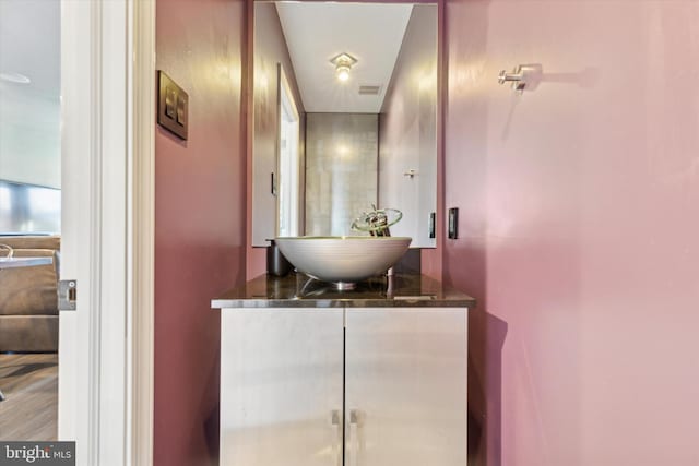 bathroom featuring hardwood / wood-style floors and vanity