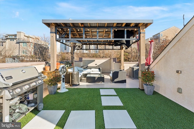 view of patio / terrace with a grill, cooling unit, and an outdoor hangout area