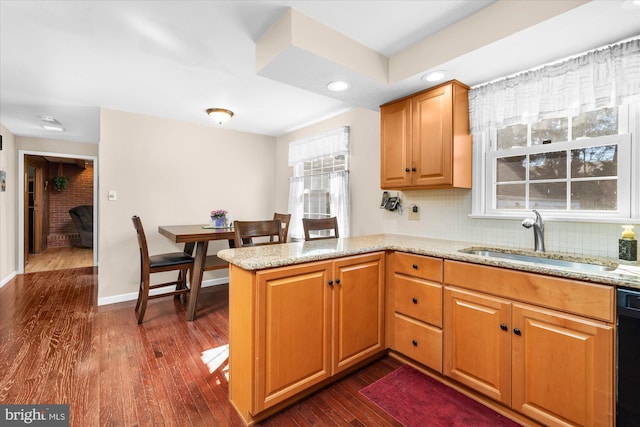 kitchen with light stone counters, black dishwasher, dark wood finished floors, tasteful backsplash, and a sink