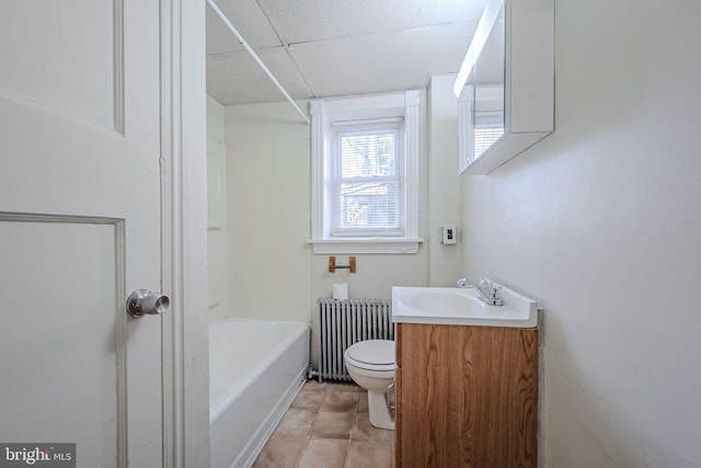 full bathroom featuring radiator heating unit, vanity, tile patterned flooring, toilet, and shower / bathing tub combination