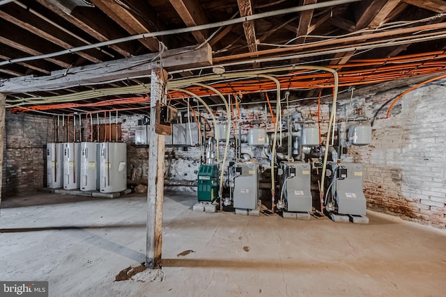 basement with brick wall and water heater