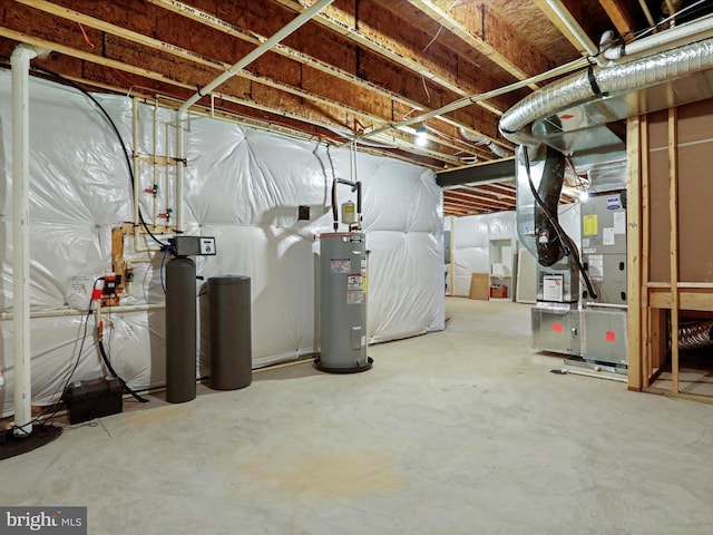 basement with heating unit and water heater