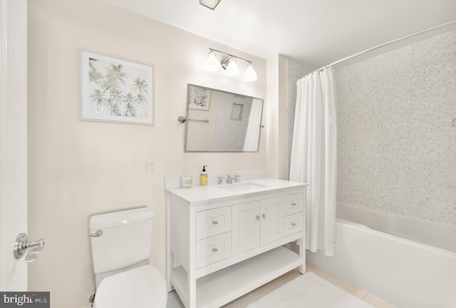 full bathroom featuring vanity, toilet, and shower / bathtub combination with curtain