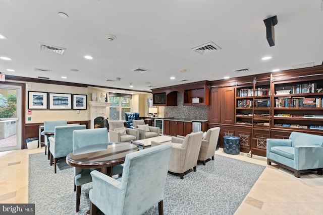 tiled dining room with ornamental molding