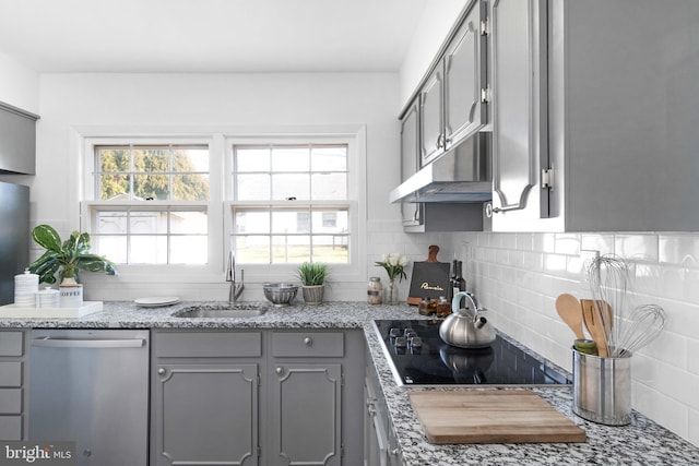 kitchen with dishwasher, black electric stovetop, sink, decorative backsplash, and gray cabinets