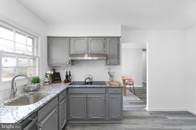 kitchen with sink, tasteful backsplash, light stone counters, gray cabinets, and hardwood / wood-style flooring