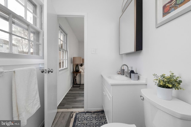 bathroom with wood-type flooring, vanity, and toilet