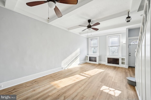 unfurnished living room with beamed ceiling, light hardwood / wood-style flooring, and ceiling fan