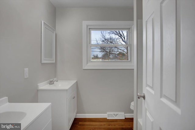 bathroom featuring hardwood / wood-style floors, vanity, and toilet