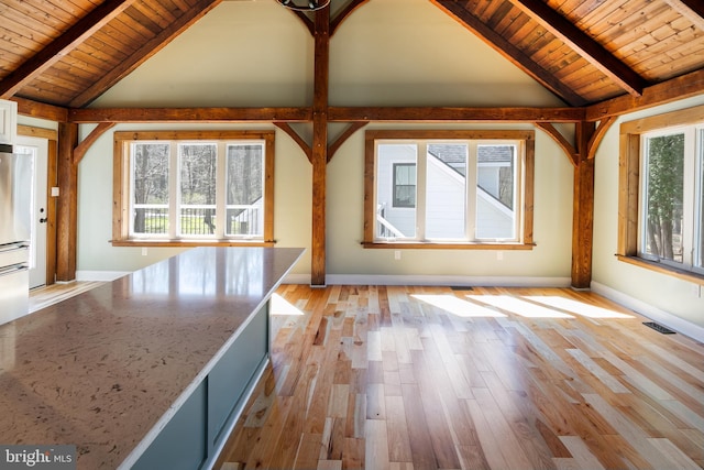 interior space featuring vaulted ceiling with beams, a healthy amount of sunlight, and light hardwood / wood-style floors