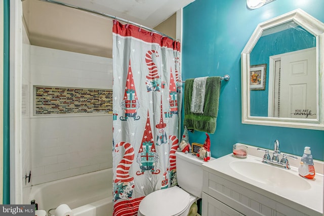 full bathroom featuring vanity, toilet, and shower / bathtub combination with curtain