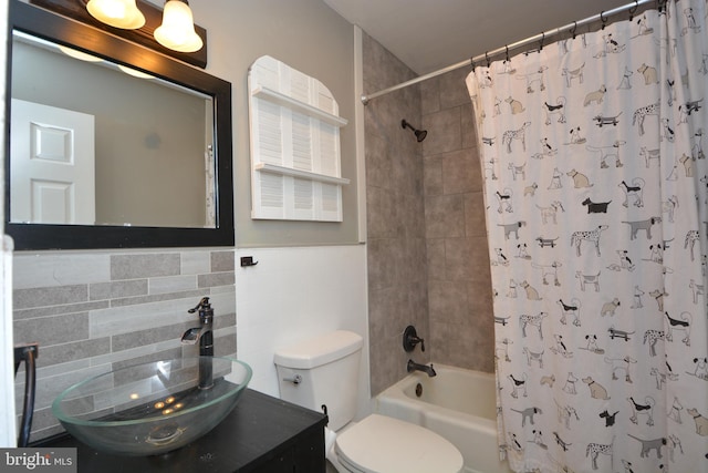 full bathroom with tasteful backsplash, vanity, tile walls, shower / bathtub combination with curtain, and toilet