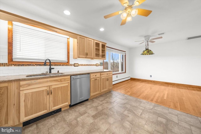 kitchen featuring tasteful backsplash, stainless steel dishwasher, ceiling fan, a baseboard heating unit, and sink