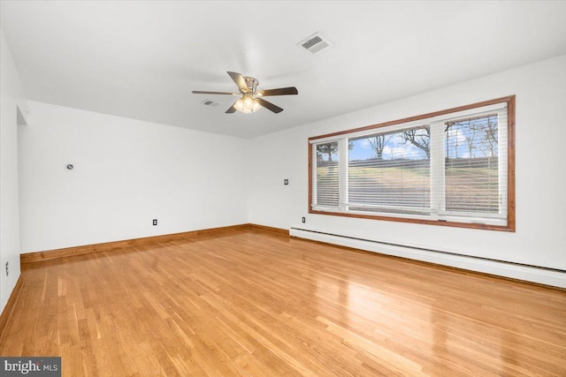 unfurnished room with ceiling fan, light hardwood / wood-style flooring, and a baseboard radiator