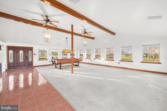 playroom with ceiling fan with notable chandelier, beam ceiling, high vaulted ceiling, billiards, and tile patterned flooring