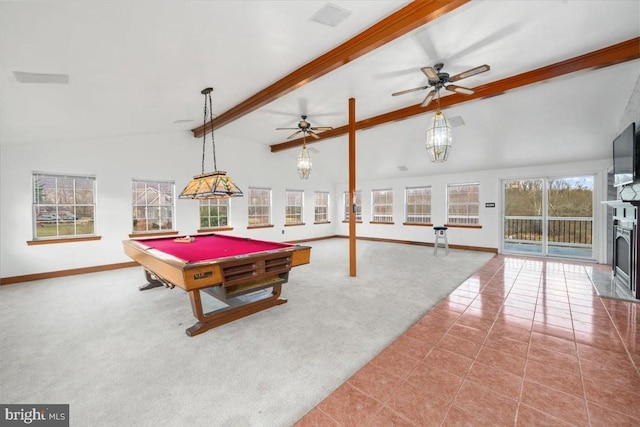 playroom with ceiling fan, carpet floors, lofted ceiling with beams, and pool table