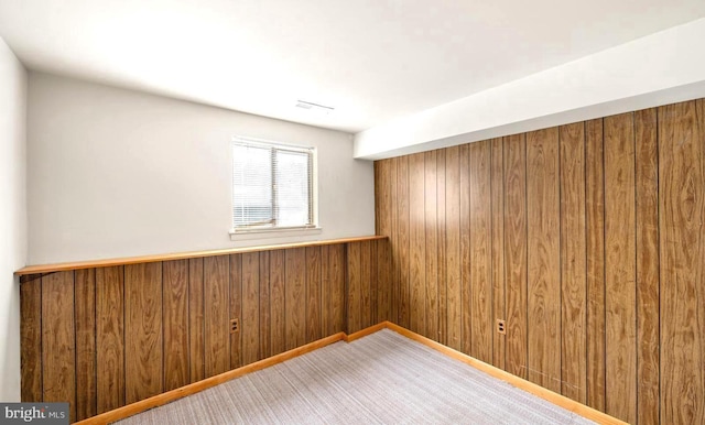 spare room with wooden walls and carpet floors