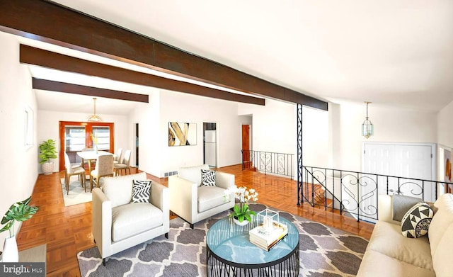 living room featuring lofted ceiling with beams and parquet floors