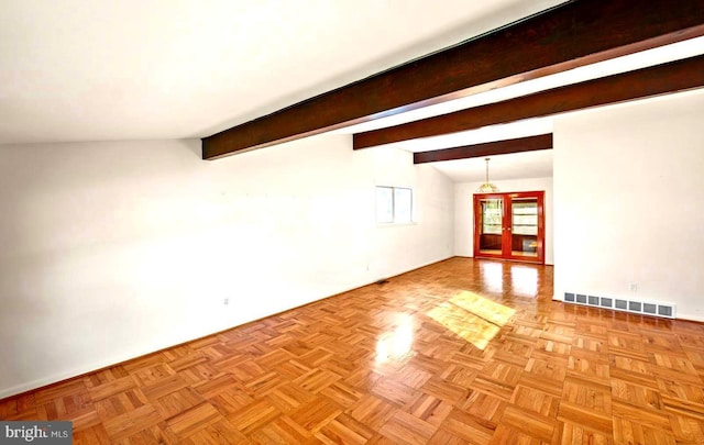 unfurnished room with lofted ceiling with beams, french doors, and light parquet floors