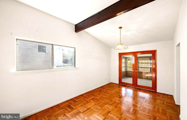 empty room with vaulted ceiling with beams and parquet floors