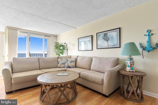 living room with a textured ceiling and hardwood / wood-style flooring