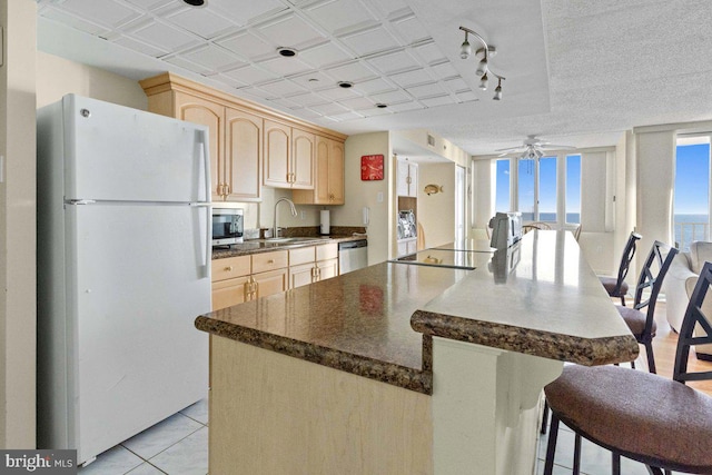 kitchen featuring a center island, sink, stainless steel appliances, a wall of windows, and light brown cabinetry