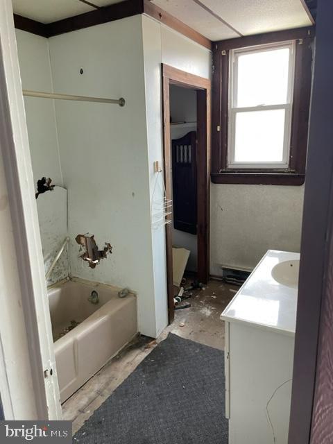 bathroom with vanity and a bath