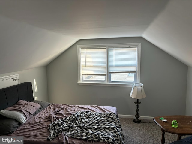 bedroom with carpet flooring and vaulted ceiling