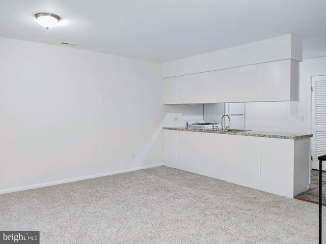 kitchen featuring light carpet, sink, and white cabinets