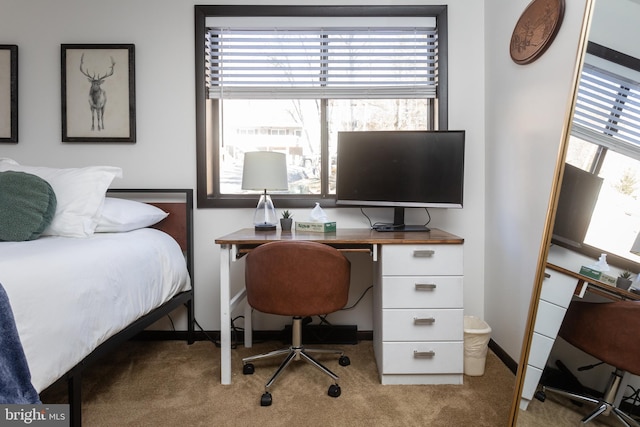 bedroom with light colored carpet