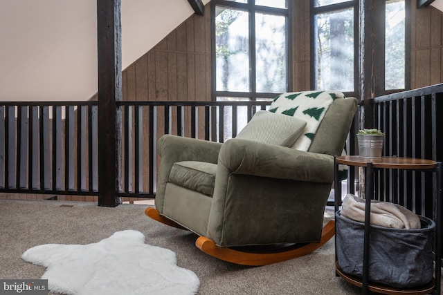 sitting room with wood walls, lofted ceiling, and carpet floors