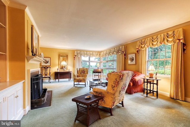 living room with light carpet, a wealth of natural light, and ornamental molding