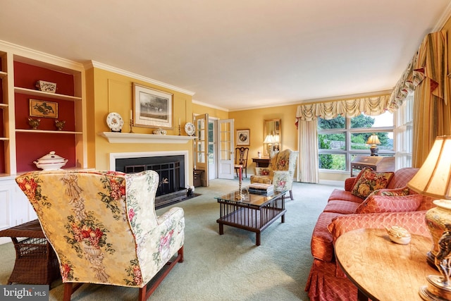 living room featuring ornamental molding and carpet floors