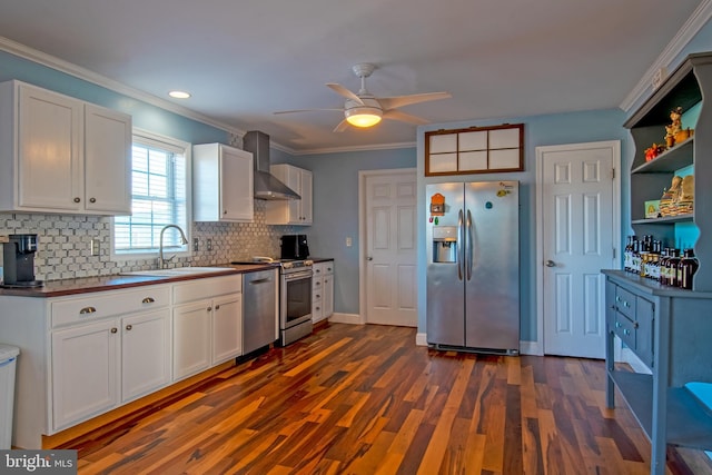 kitchen with white cabinets, sink, wall chimney range hood, and stainless steel appliances