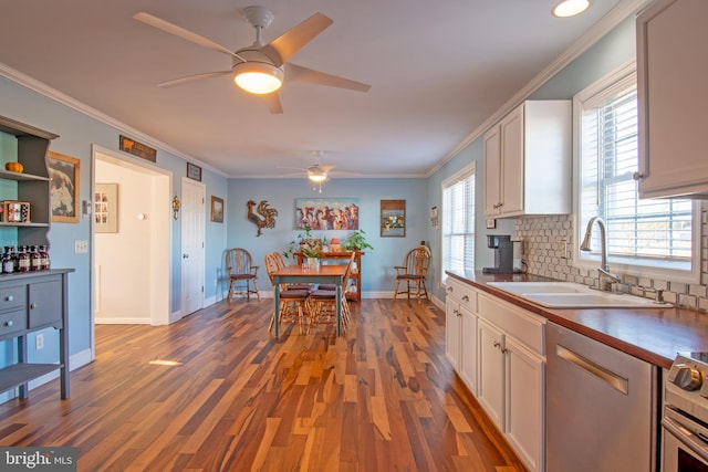 kitchen with white cabinetry, ceiling fan, dark hardwood / wood-style floors, ornamental molding, and sink