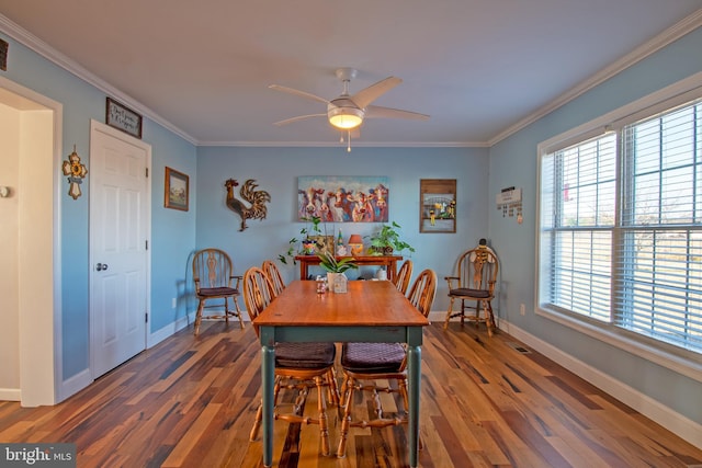 dining space with ceiling fan, dark hardwood / wood-style flooring, and ornamental molding