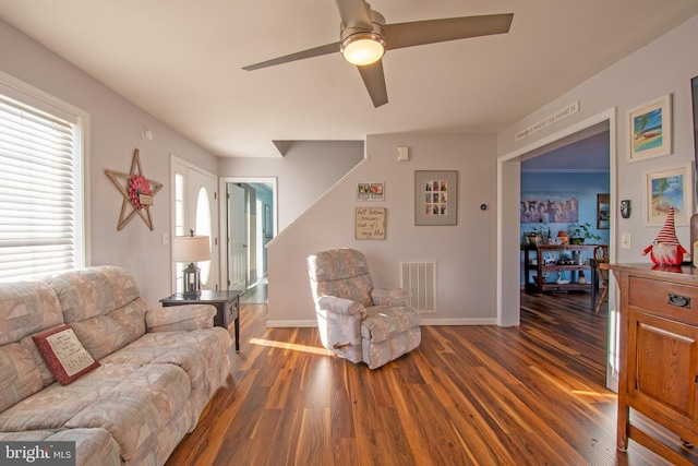 living room featuring ceiling fan and dark hardwood / wood-style floors