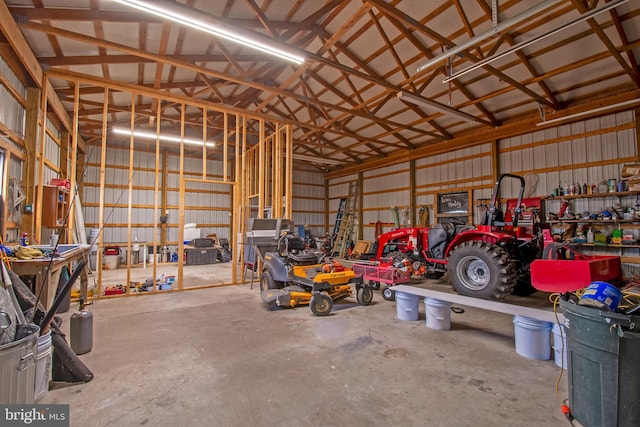 garage with a workshop area