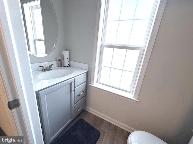 bathroom with hardwood / wood-style floors, vanity, and toilet