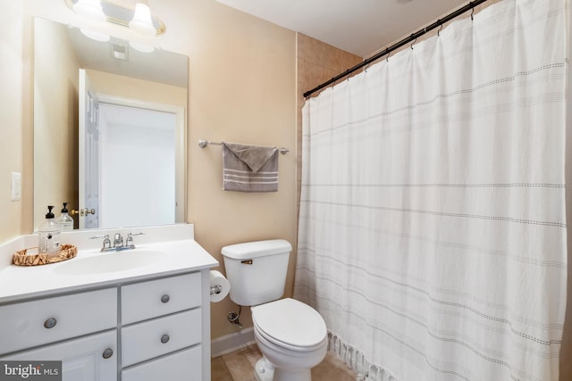 bathroom with a shower with shower curtain, vanity, toilet, and wood-type flooring