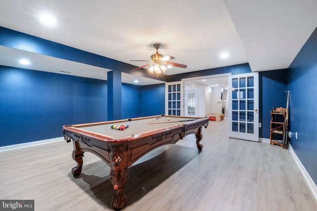 recreation room with ceiling fan, french doors, pool table, and light hardwood / wood-style flooring