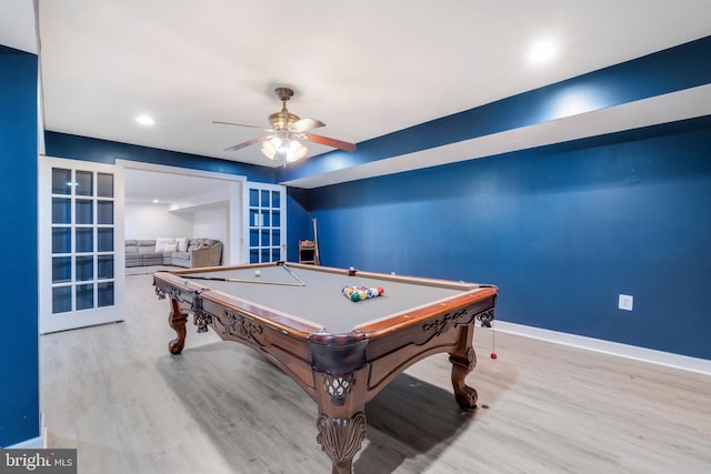 recreation room featuring ceiling fan, light wood-type flooring, pool table, and french doors