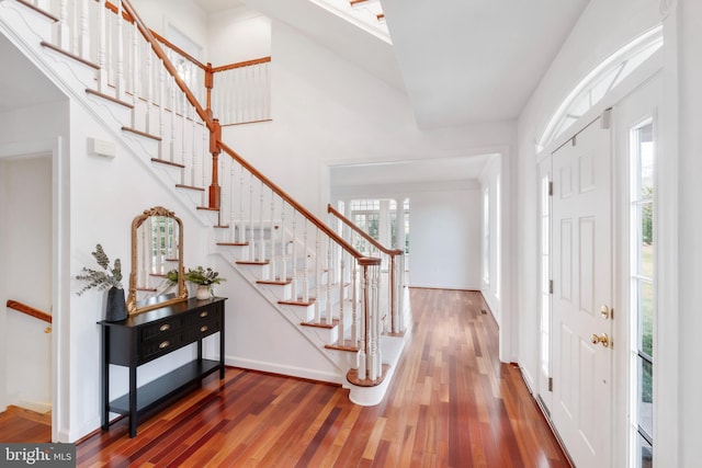 foyer featuring a towering ceiling and dark wood-type flooring