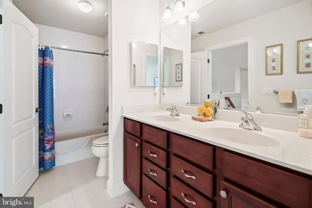 full bathroom with tile patterned flooring, shower / bath combination with curtain, vanity, and toilet