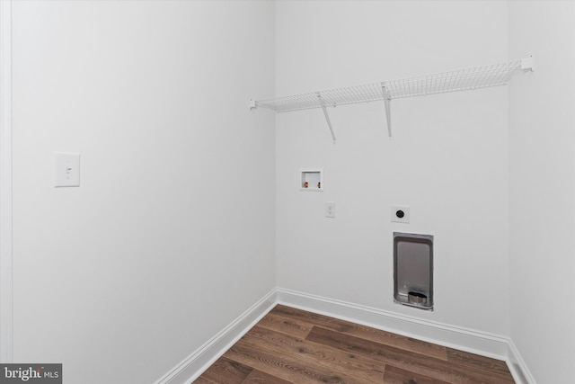 clothes washing area featuring electric dryer hookup, washer hookup, and dark hardwood / wood-style floors