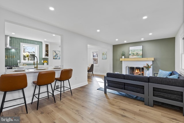 living room featuring sink and light wood-type flooring