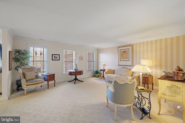 living room featuring light colored carpet and ornamental molding