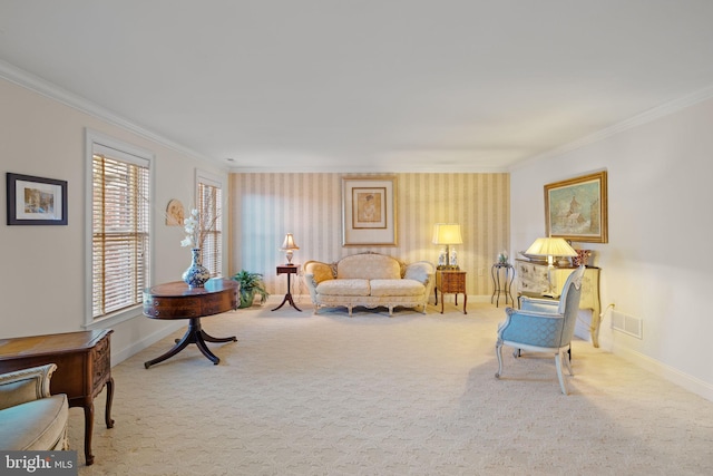 carpeted living room with crown molding